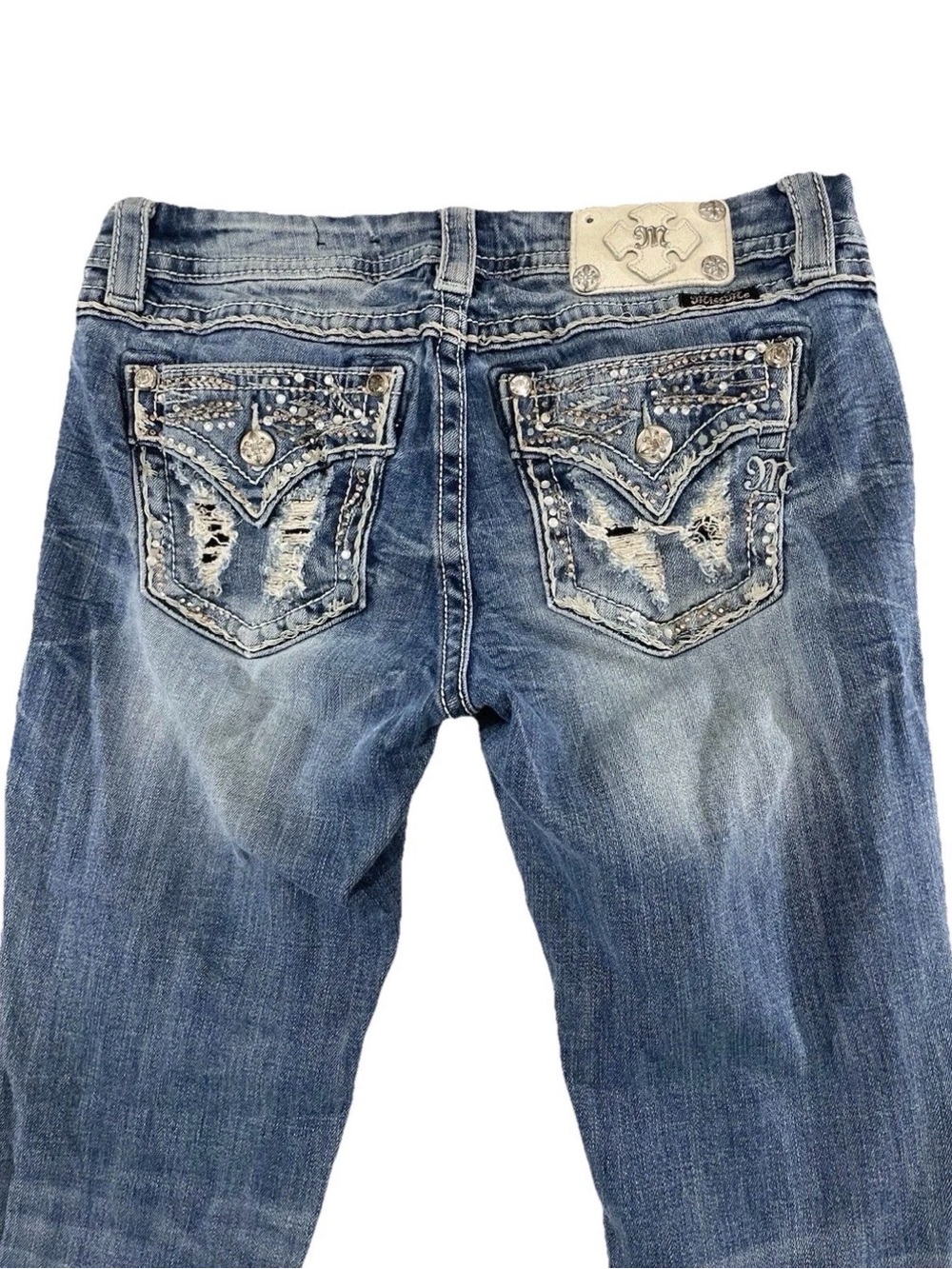 Womens Miss Me Jeans Mid Rise Easy Straight Sz 28 Medium Wash Destroyed Distress
